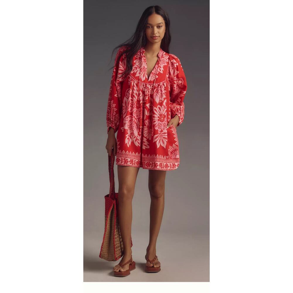 Farm Rio Women Flora Tapestry Red Long Sleeve Mini Dress Small Boho Embroidered - Picture 3 of 8